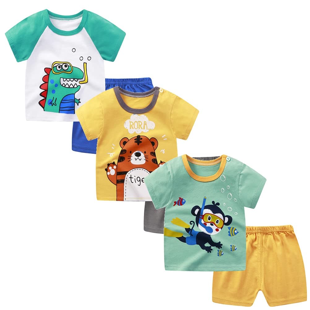 Bebé Niños Conjunto de 3 Juegos de Manga Corta y Pantalones Cortos de Media Manga, Paquete de 6 (con/sin Hebilla para el Hombro)