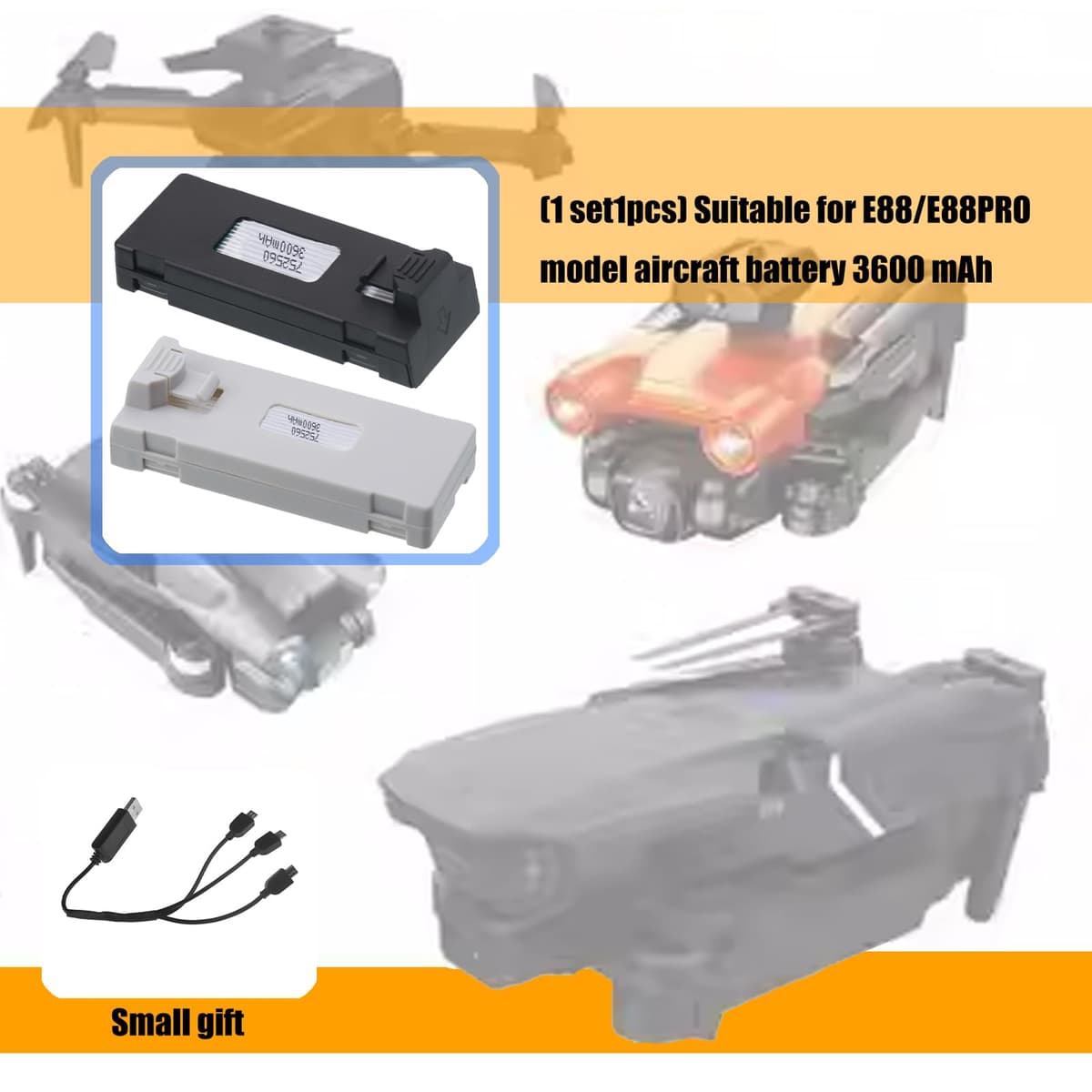 Baterías de litio de alta capacidad de 3600 mAh para drones teledirigidos, compatibles con los modelos E88 / E99 / E89 / P1 / K7 / E55 Durabilidad ABS Shell batería de drones — view 2