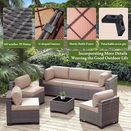 RTDTD 7 Pieces Outdoor Patio Furniture Set,Outdoor Sectional Furniture All Weather PE Rattan Wicker Patio Conversation Set with Coffee Table and 6 Thickened Cushions,Brown — view 2