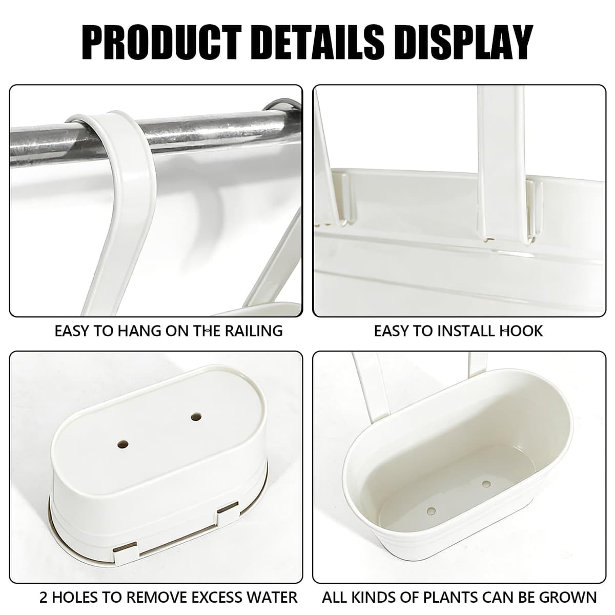 RIOGOO Macetas de metal Hierro Colgantes Macetas de jardín Macetas de balcón Macetas de metal Cubo de flores Soportes para colgar en la pared Maceta de decoración - Gancho desmontable (4 PCS) (blanco) — view 3