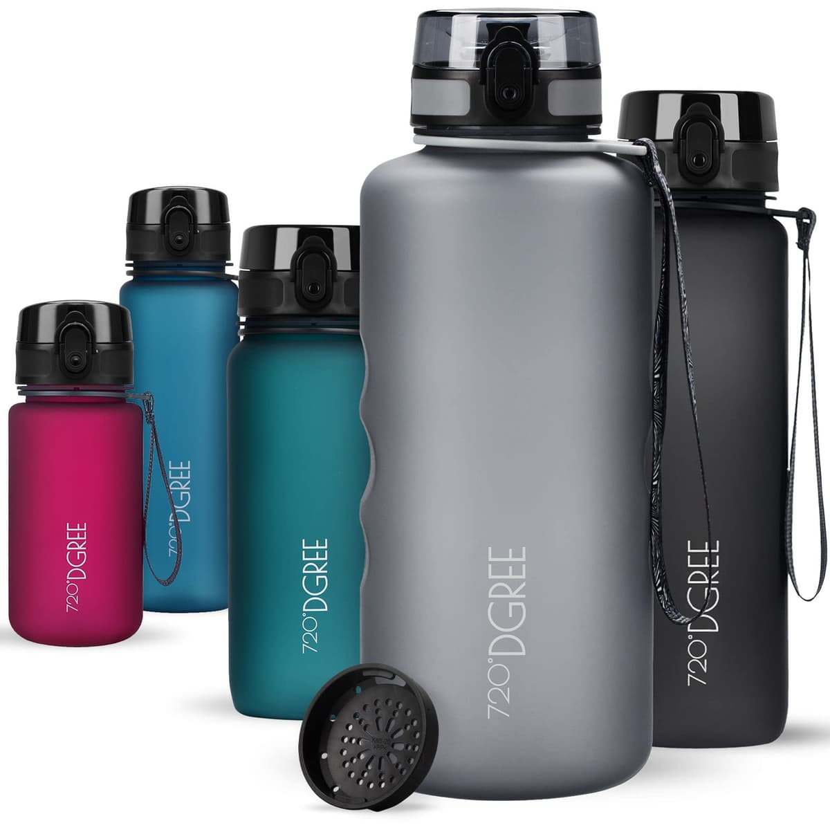 720°DGREE Botella uberBottle + colador – 350 ml, 500 ml, 650 ml, 1000 ml, 1,5 l, 2 l – Sin BPA – Botella de agua para deportes, escuela, niños, fitness, gimnasio, bicicleta, exterior – ligera