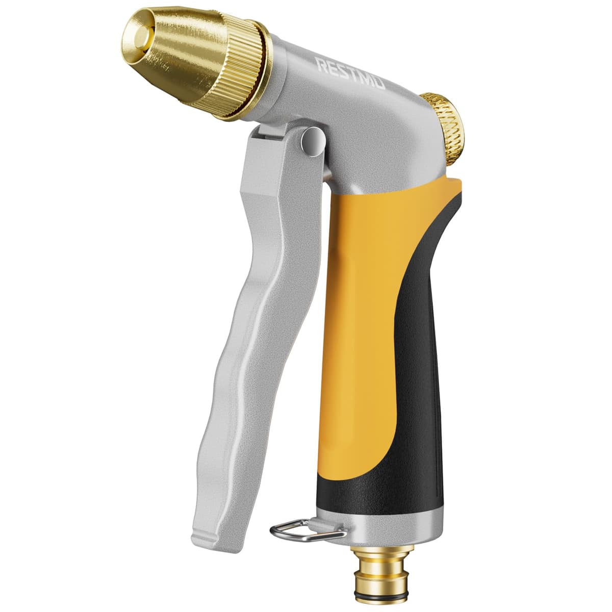 RESTMO High Pressure Hose Pipe Spray Gun, 100% Metal Garden Hose Gun with Solid Brass Head, Adjustable Water Flow, 4 Spray Patterns, Ideal for Car Washing, Gardening, Patio & Window Cleaning, Yellow