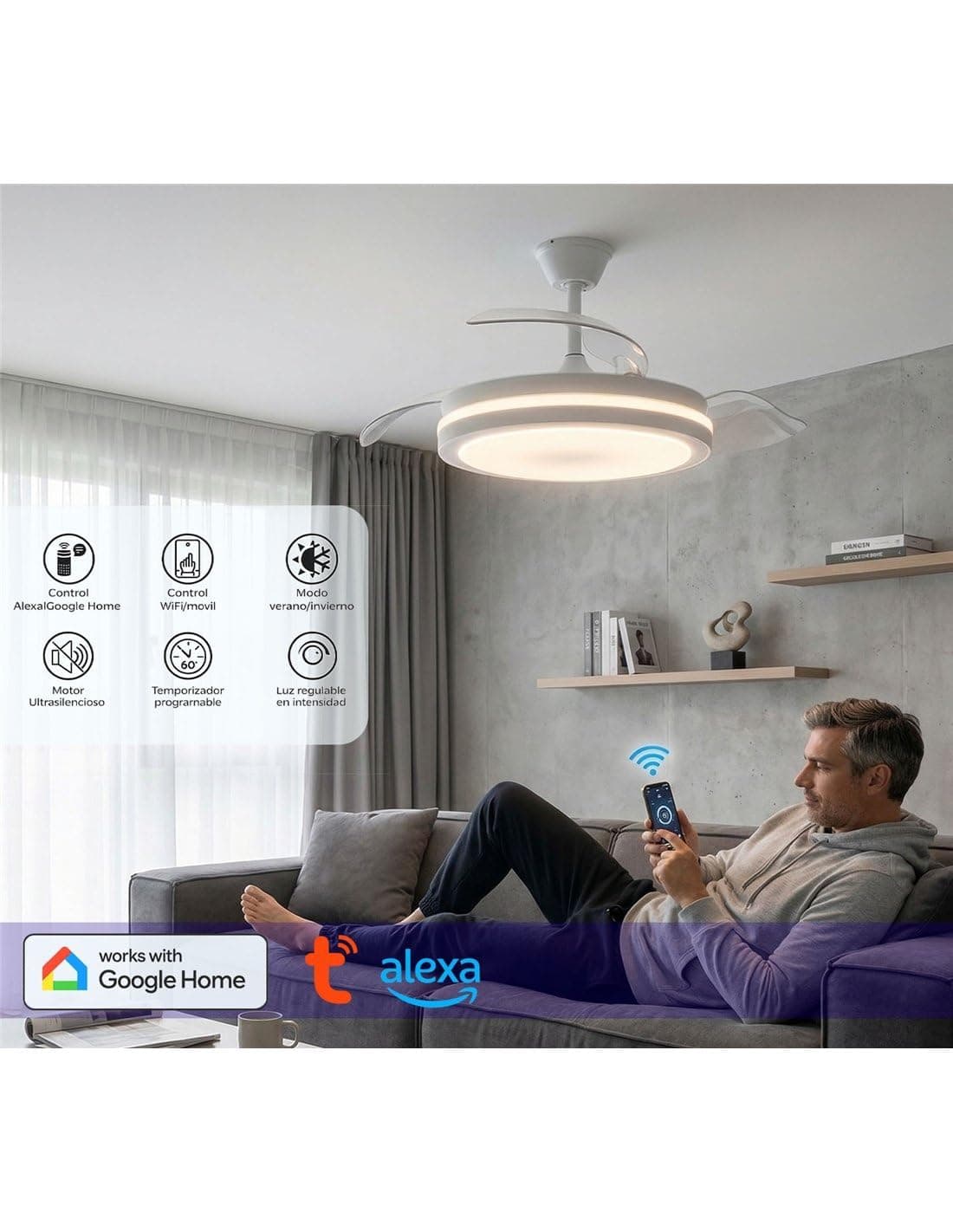 Jardin202 - Ventilador de Techo con Aspas Retráctiles, Motor DC, Temporizador, WiFi Alexa/Google Home y Luz LED Regulable, Mando a Distancia | 50 cm (Tarifa Wifi Blanco) — view 3