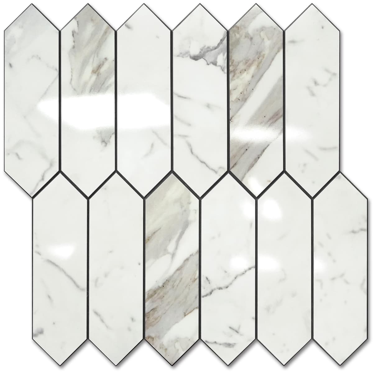 Vamos Tile Glossy Dolomite White Backsplash Tile Peel and Stick, 12.8 x 12.8 Inch 10 Sheets Long Hexagon PVC Self Adhesive Mosaic Wall Tiles Stick on Backsplash for Kitchen and Bathroom — view 12