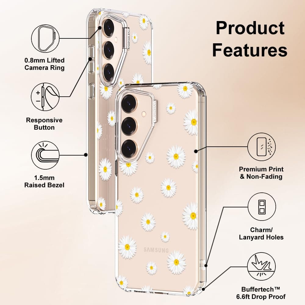 MOSNOVO Case for Samsung Galaxy S25 / Galaxy S24, [Buffertech 6.6ft Military-Grade Drop Protection] [Anti Peel Off Tech] Clear TPU Bumper Phone Case Cover Design - White Daisy — view 6