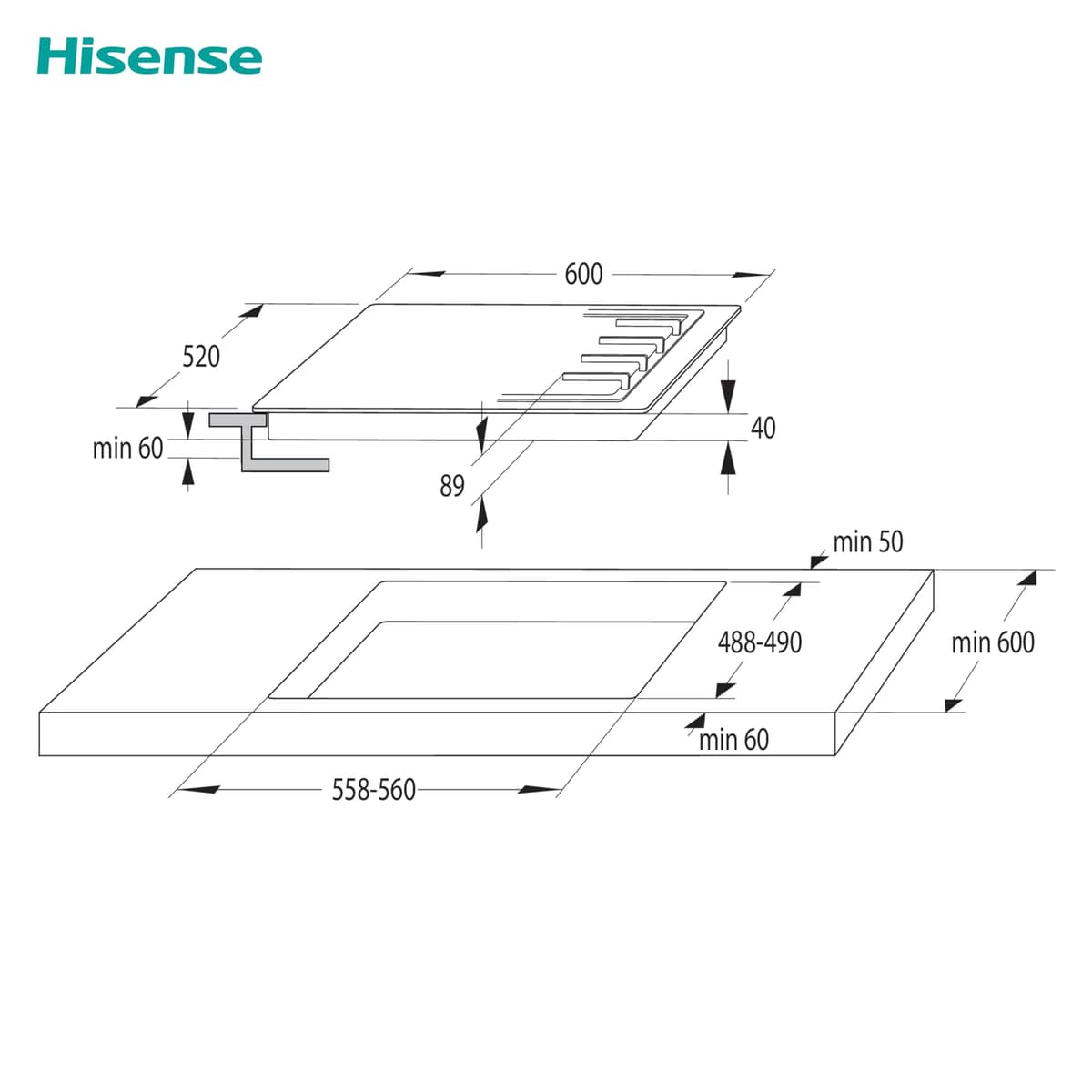 Hisense GM642XHS Built-in 60cm Gas Hob - Stainless Steel with 4 Cooking Areas, Easy Clean Surface, One -Hand Ignition, 60 x 52 x 8.9 cm (L x W x H) — view 3