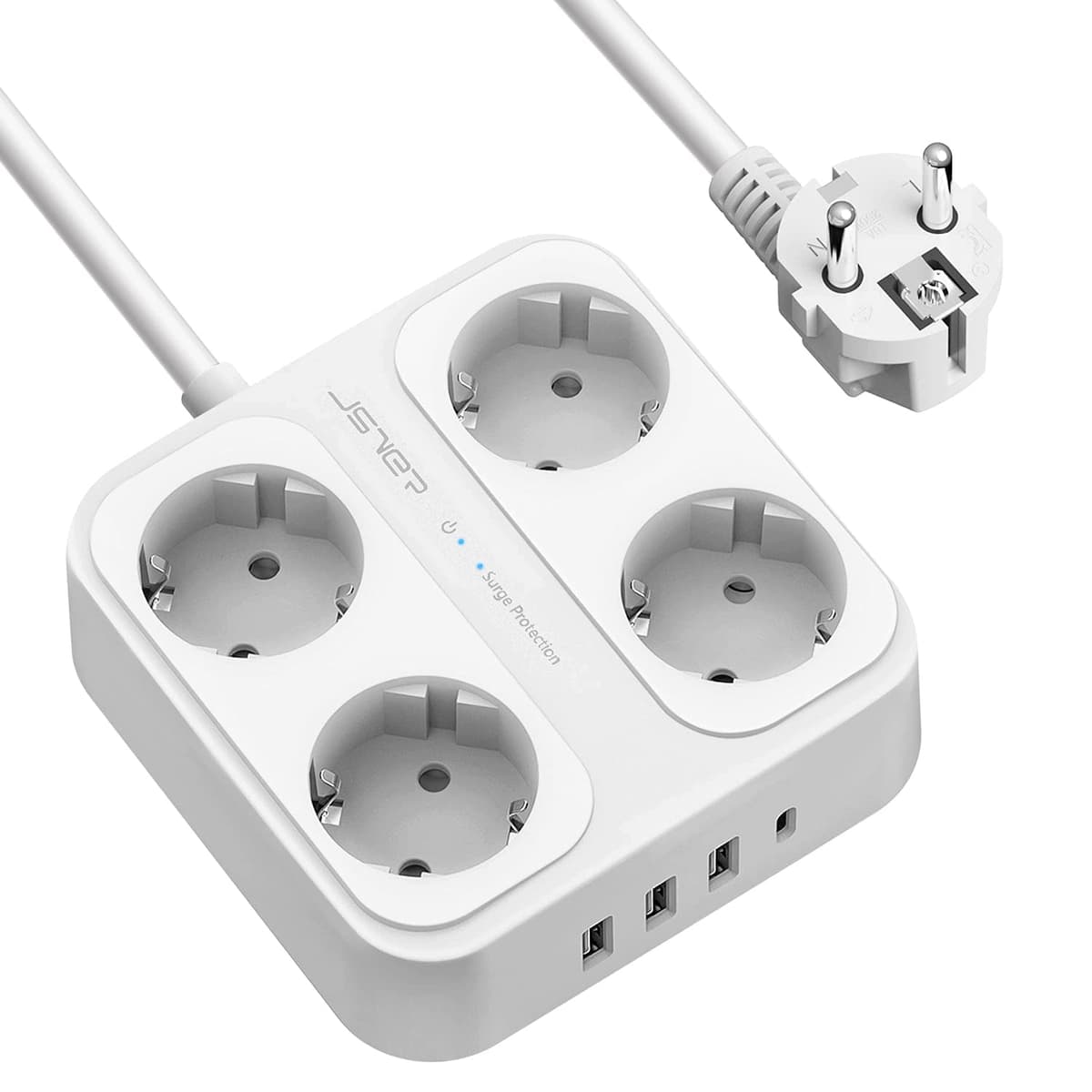 JSVER Regleta Enchufes USB, Proteccion Sobretension con 8 Toma de Corriente y 4 Puertos(5V3,4A) Estación de Carga Inteligente Tomas Alargadora con Cable 1.8m-Negro — view 16