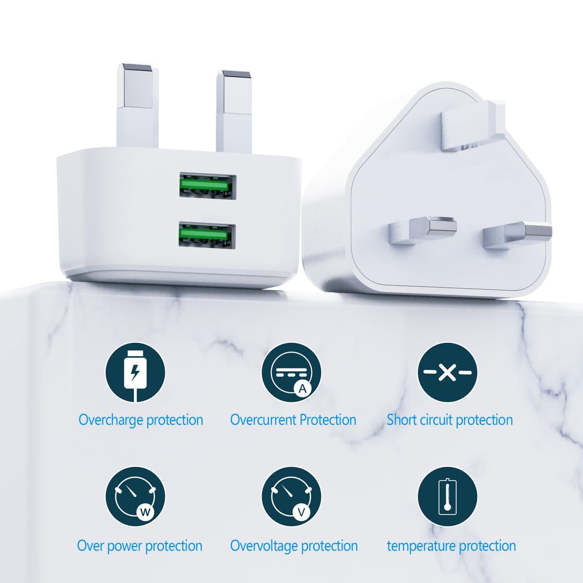 USB Plug, Dual USB Charger Plug UK 3Pack Phone Plugs with USB Port Double Compact 3 Pin Mains Charge Head 10.5W 5V 2.1AMP Charging Compatible with iPhone Apple 14 13 12 11 SE XS XR X 8 7 6 5 iPad — view 2