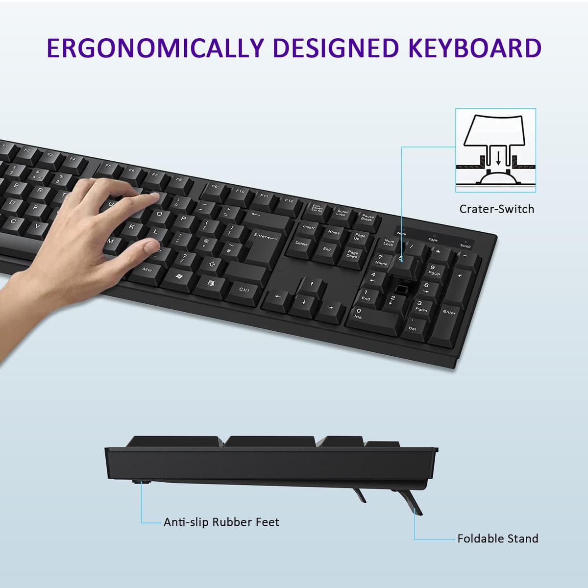 cimetech 2.4G Wireless Keyboard, QWERTY UK Full-Size Layout, USB Computer Keyboard with Numeric Keypad & Ergonomic Keys for Desktop/PC/Laptop/Surface/Smart TV/Notebook and Windows - Black — view 5