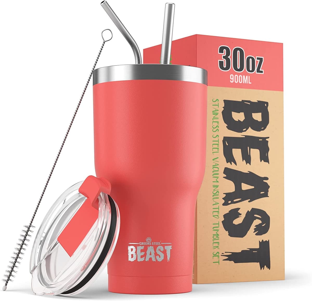 Greens Steel Beast Tumbler – 550 ml (20 oz), Coral | Vaso de acero inoxidable reutilizable con aislamiento al vacío | con 2 pajitas y cepillo de limpieza | Termo de viaje de doble pared — view 12