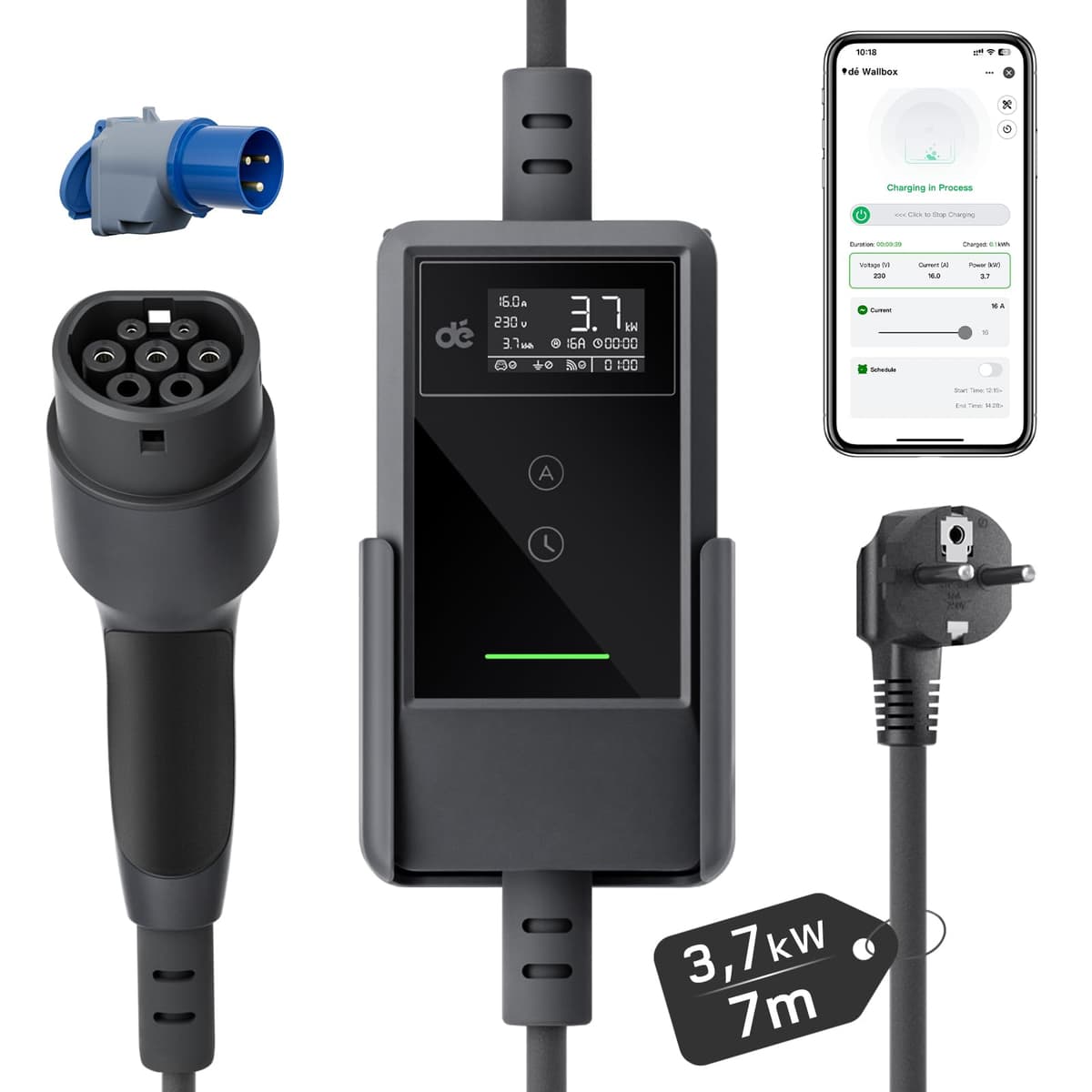 dé Cargador Coche Electrico 3,7kW App [7m, Monofásico, 6-16A] EV Charger con Potencia de Carga Ajustable, Cargador Carro Electrico para Model Y/3, e-Tron y vehículos BEV/PHEV