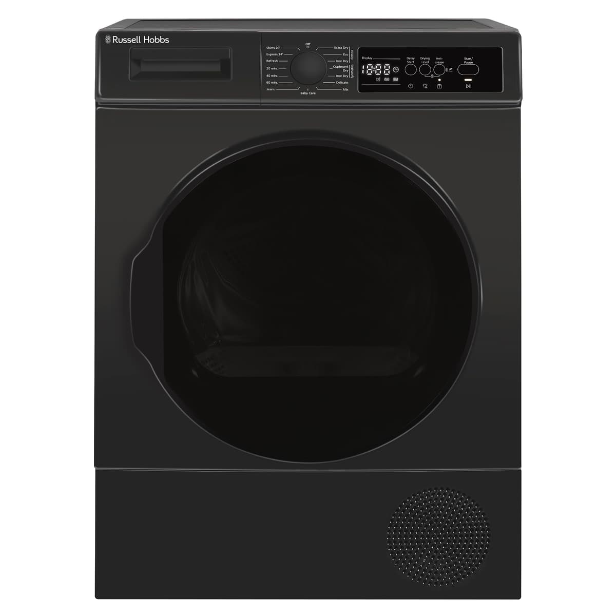 Russell Hobbs Freestanding Electric Heat Pump Condenser Tumble Dryer, 8kg Capacity, 15 Programmes, 3 Heat Settings, LED Display, Anti-Crease, Child Lock in Anthracite RH8HPTD1E12AN