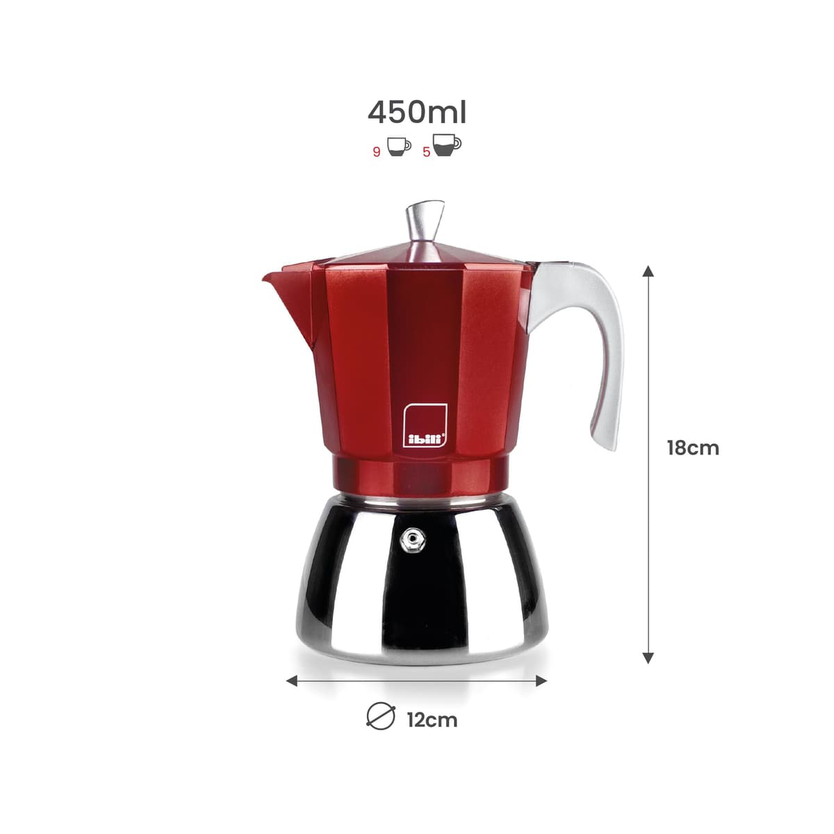 IBILI - Cafetera express Elba Red, 9 tazas, 450 ml, Aluminio fundido, Base de Acero Inoxidable, Apto para inducción — view 2