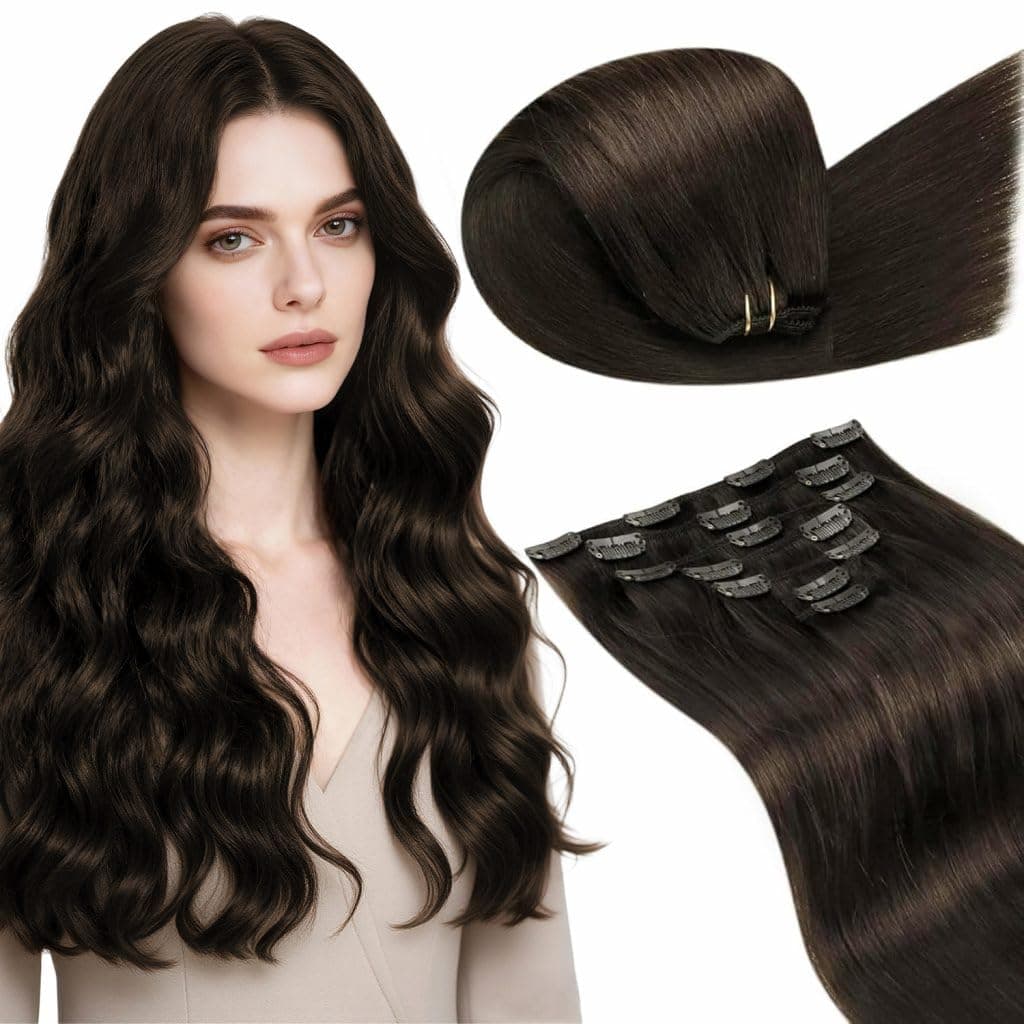 LaaVoo Hair Extensions Clip in Real Human Hair Brown Clip in Hair Extensions Dark Brown Remy Straight Hair Full Head Double Weft 80g 5pcs 14 Inch #4 — view 68