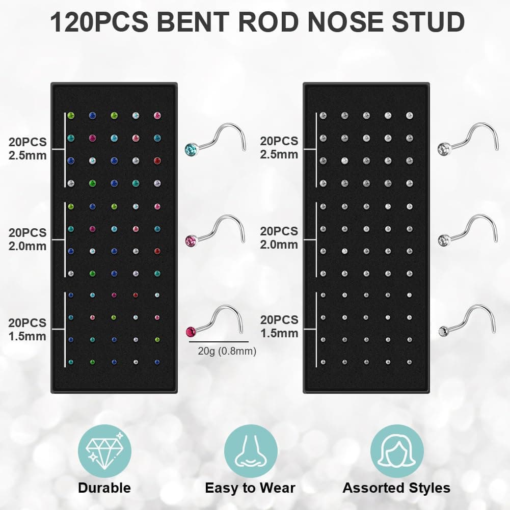 Aucuu Piercing Nariz Acero Quirurgico, Hipoalergénicos Piercing Nariz CZ Piercing Joyería, Tornillo/Recto/Forma de L Nariz Studs (1.5mm 2mm 2.5mm) — view 3