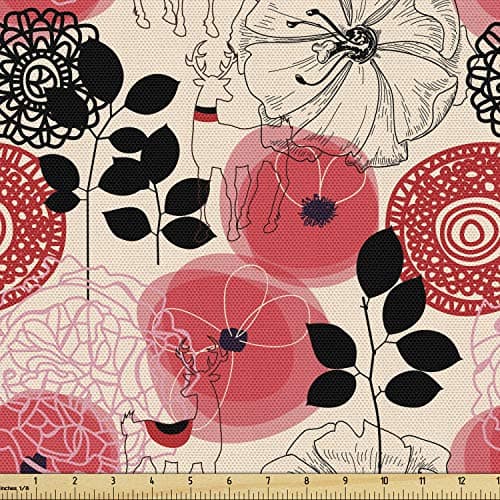 Ambesonne Floral Fabric by The Yard, Modern Abstract Big Circled Abstract Flowers Blossoms and Leaves Art Print, Decorative Fabric for Upholstery and Home Accents, 3 Yards, Charcoal Pink