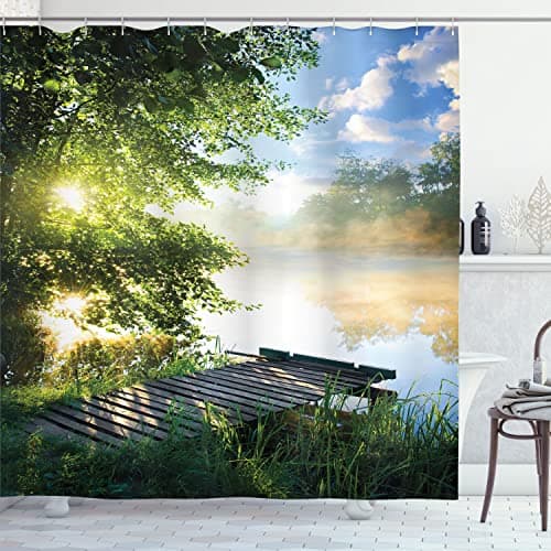 Ambesonne Landscape Shower Curtain, Fishing Pier by River in The Morning Clouds and Trees Nature Image, Cloth Fabric Bathroom Decor Set with Hooks, 69" W x 70" L, Green Blue