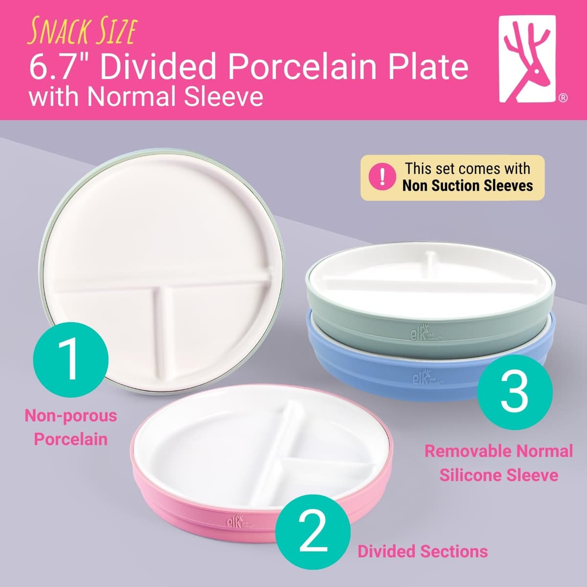 Elk and Friends Kids 6.7” Porcelain White Divided Plates with Silicone Sleeves | Suitable for Babies/Toddlers | Microwave & Dishwasher Safe | Non Slip Dinnerware | Snack Dishes | 4 Pack — view 2