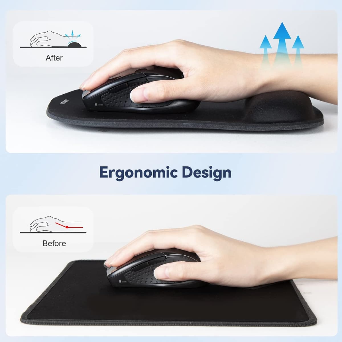 TECKNET Mouse Mat 3 Pack with Memory Foam Rest -Non-slip Rubber base- Special-Textured Water-Resistant Surface