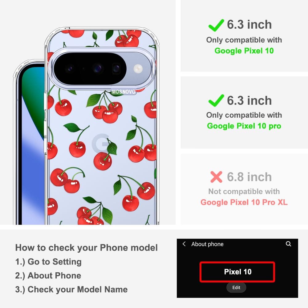 MOSNOVO Case for Google Pixel 10 & Pixel 10 Pro, [Buffertech 6.6ft Military-Grade Drop Protection] [Anti Peel Off Tech] Clear TPU Bumper Phone Case Cover Design - Cute Cherry — view 2