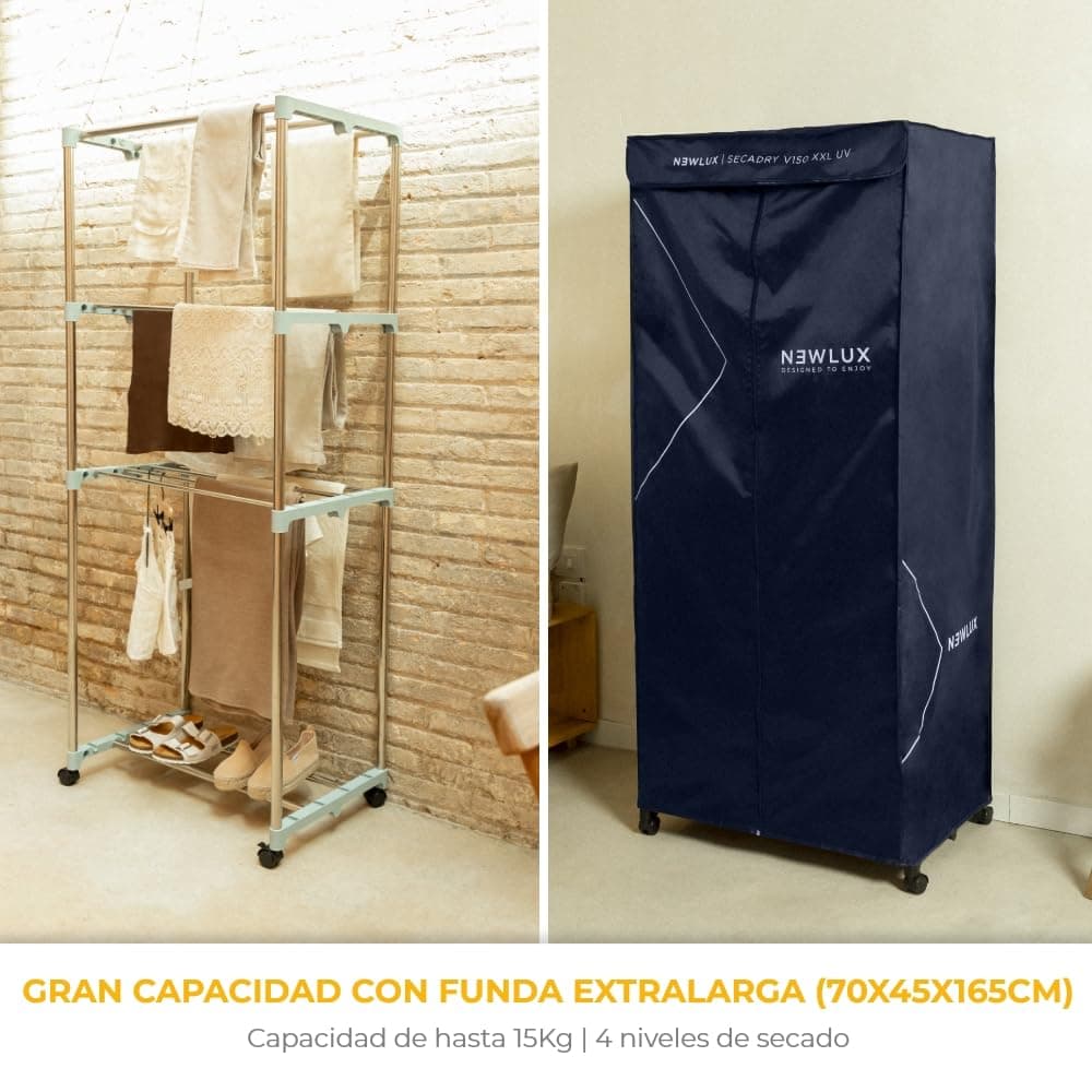 Newlux - Secadora de Ropa Eléctrica Portátil Secadry Azul con Luz UV para Desinfectar. Capacidad 15Kg, Temp. 180min, 4 Niveles. Secadora por Ventilación (1200W) 3 en 1. Ideal como Armario y Tendedero — view 2