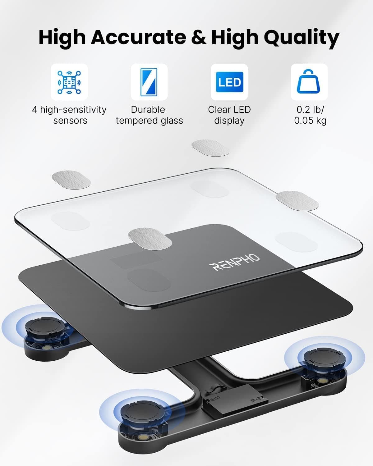 RENPHO Bascula de Baño Digital Grasa Corporal, Balanza Bluetooth Inteligente con App, Bascula Electrónica con Análisis Corporal, 13 Mediciónes de Peso IMC Visceral e Muscular, Negro, Elis 1 — view 7