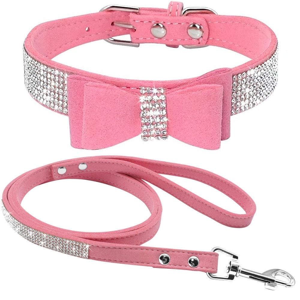 Cute Dazzling Sparkling Elegant Fancy Soft Suede Leather Bling Rhinestone Crystal Jeweled Pet Cat Dog Puppy Collar Dog Leash Combo Set (S, Black-2) — view 39
