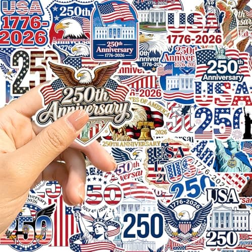 50Pcs 250th Anniversary Sticker 250 Years of Freedom Anniversary Waterproof Vinyl Decals for Laptop,Water Bottle, Phone, Luggage,Car