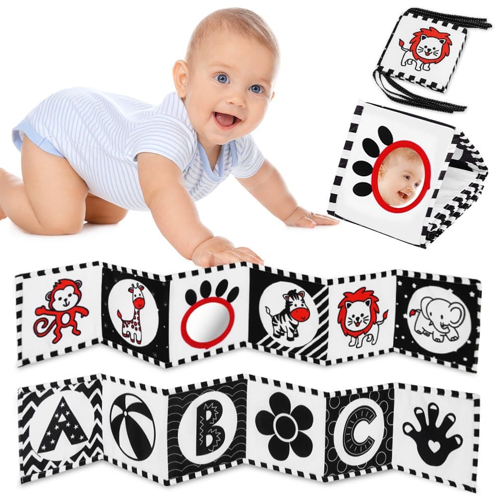 Vicloon Libros de Tela en Blanco y Negro,Animales Activity Libros Blandos con Espejo,Libros Blandos Juguetes para Bebés,Libros de Tela Suave para Bebés y Niños