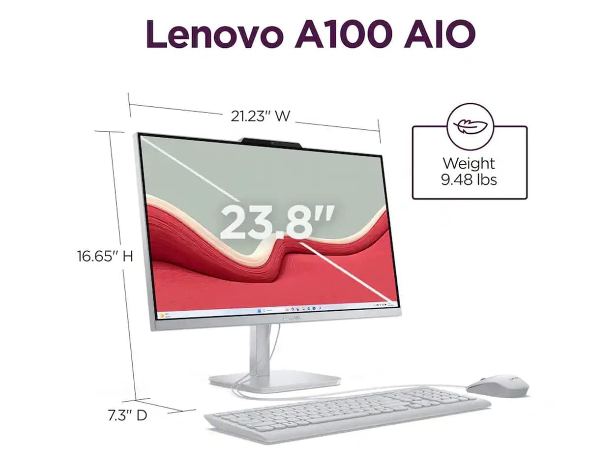 Lenovo A100 AIO Desktop| 23.8" FHD Anti-Glare All-in-One Computer|8GB RAM|256GB SSD| Intel 4-Core CPU| Webcam| Wi-Fi 6 | RJ-45|Windows 11| Weired Keyboard & Mouse| for Business & Students| RK Bundle — view 5