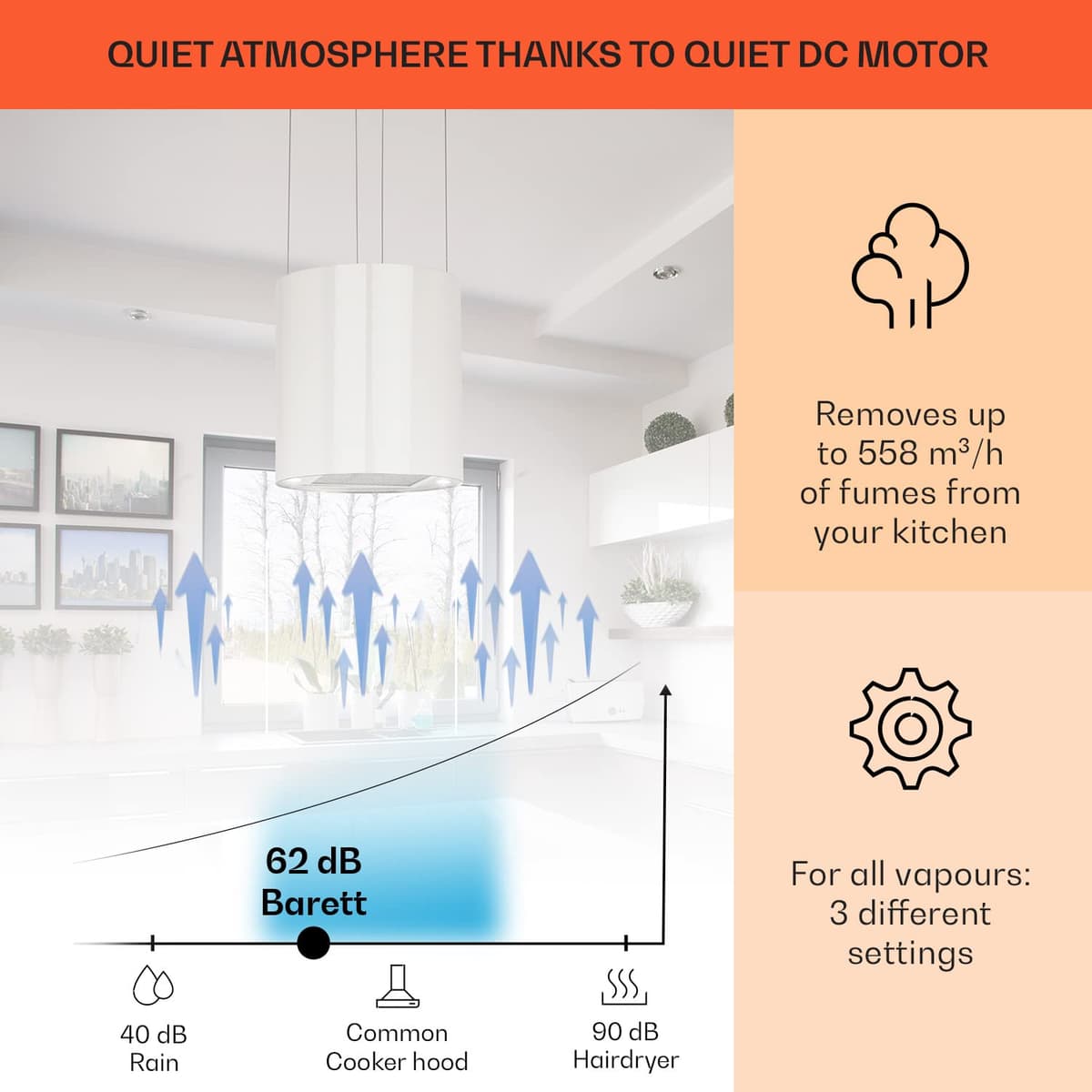 Klarstein Hanging Island Cooker Hood, Extractor Fan for Kitchen Islands, 558m³/h Airflow, Timer, Adjustable Kitchen Extractor Fan w/Chandelier Design, 3 Mode Cooker Hoods, Activated Carbon Filters — view 3