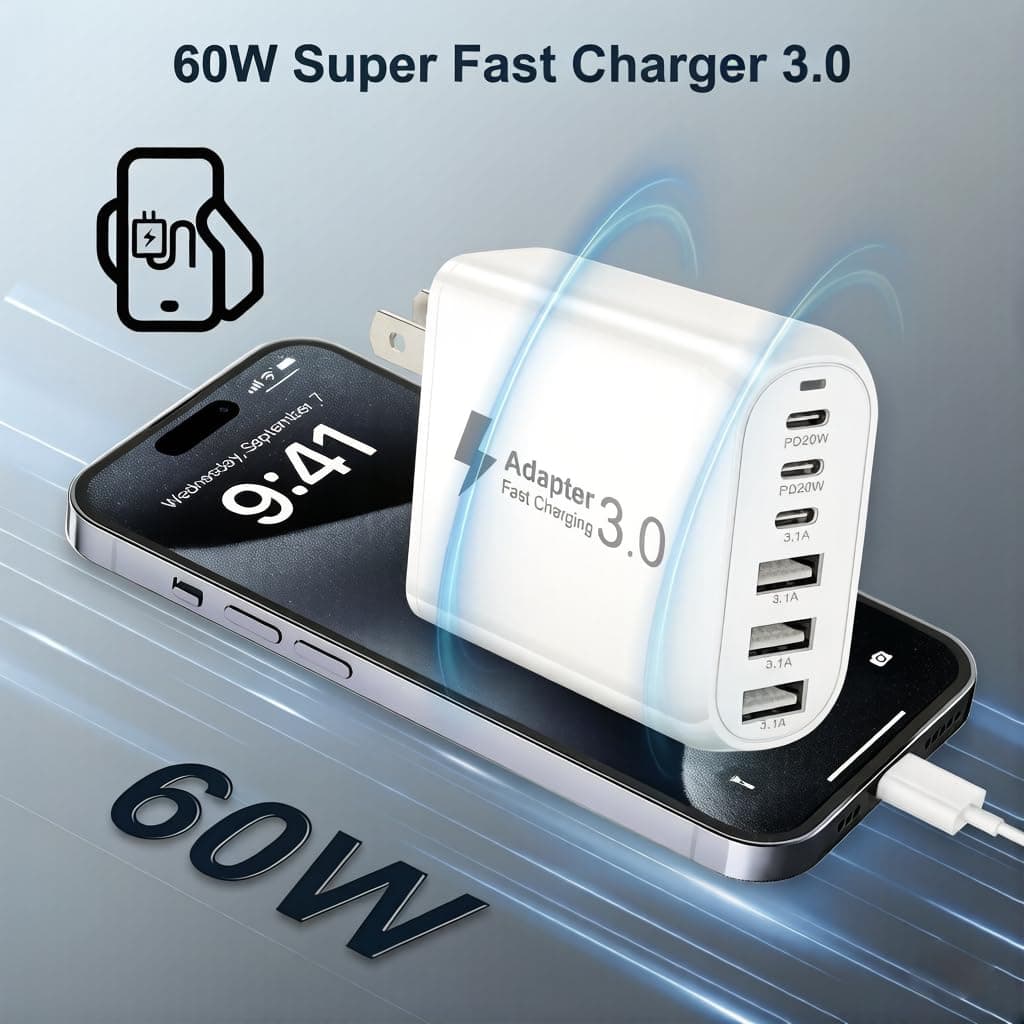 USA Travel Adapter Charger, 60W US Plug Adapter Fast Charger Plug with 3 USB C+3 USB A, US Travel Adaptor American/US/Canada/China/Japan Wall Adaptor Fast Charging for iPhone 17 16 15,Samsung Galaxy — view 2