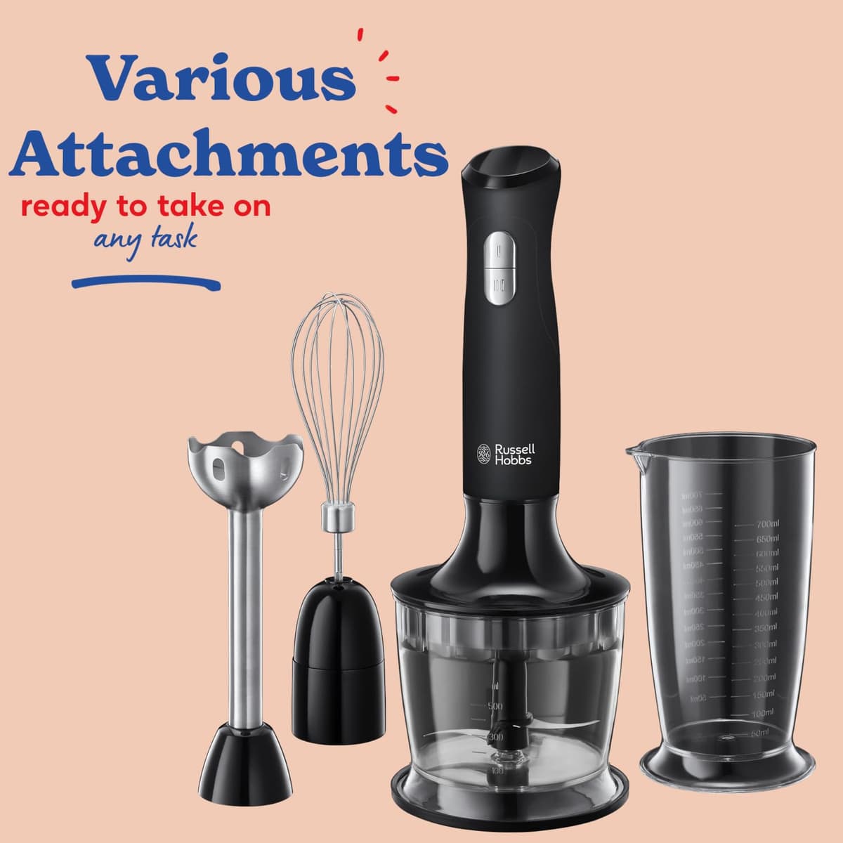 Russell Hobbs Desire 3 in 1 Electric Hand Blender, Fruit & Veg Mini Chopper & Whisk attachment, Stainless steel blending leg, whisk & blades, 500ml capacity chopping bowl & 700ml beaker, 500W, 24702 — view 4