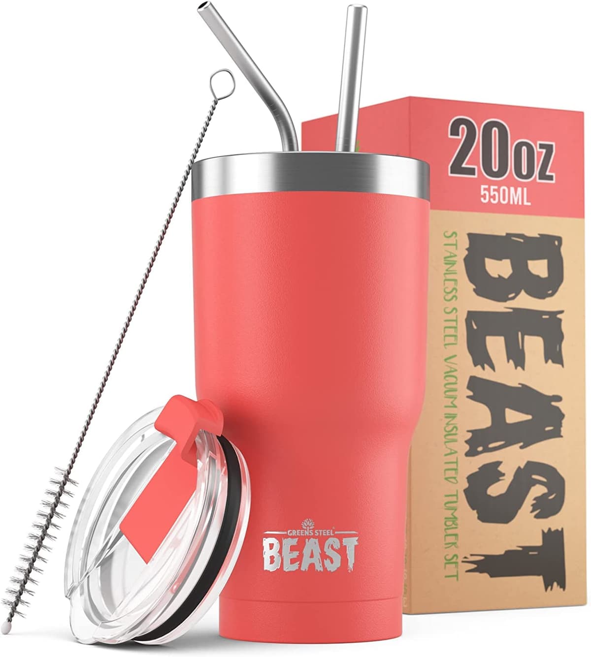 Greens Steel Beast Tumbler – 550 ml (20 oz), Coral | Vaso de acero inoxidable reutilizable con aislamiento al vacío | con 2 pajitas y cepillo de limpieza | Termo de viaje de doble pared