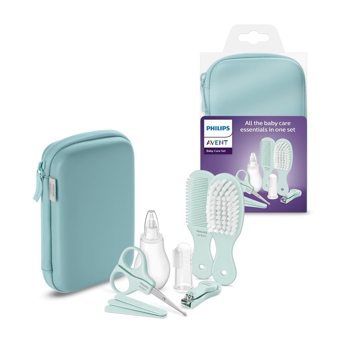 Philips Avent Baby Care Set: Kit básico para el cuidado del beb con 9 accesorios; cortaúñas, tijeras, 3 limas de uñas, peine, cepillo, aspirador nasal y cepillo dental dedal (modelo SCH401/00)