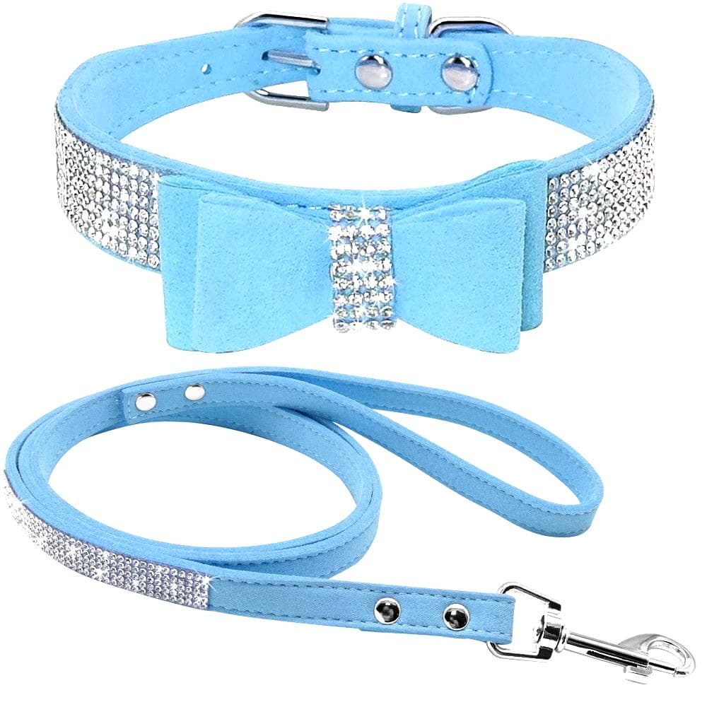 Cute Dazzling Sparkling Elegant Fancy Soft Suede Leather Bling Rhinestone Crystal Jeweled Pet Cat Dog Puppy Collar Dog Leash Combo Set (S, Black-2) — view 45