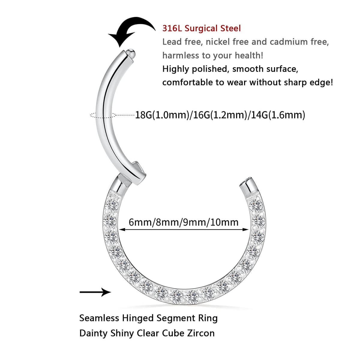 AROWRO 18G 16G 14G Nose Hoop Ring Septum Clicker Earrings CZ Opal Cartilage Conch Helix Tragus Hoop Earrings Daith Piercing Jewelry 316L Surgical Steel — view 6