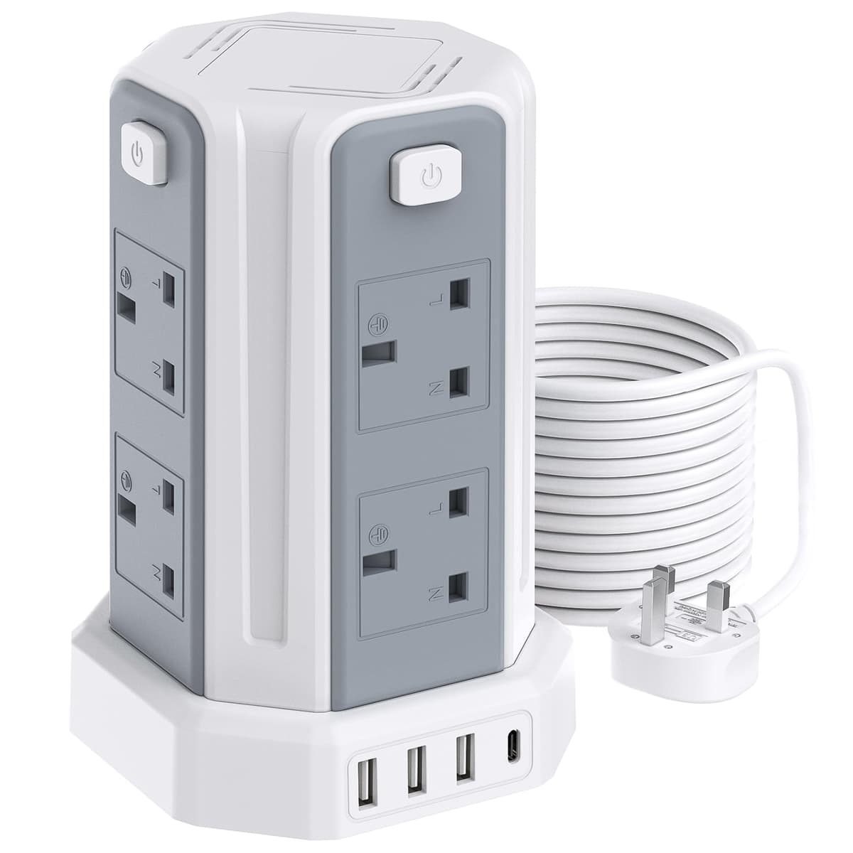 Tower Extension Lead 3M (3250W 13A) Extension Tower 8 AC Outlets & 4 USB Ports, Surge Protection Extension Lead with 4 Independent Switch, 17W USB C Ports Extension Cable 3M for Office, Home, Kitchen — view 13