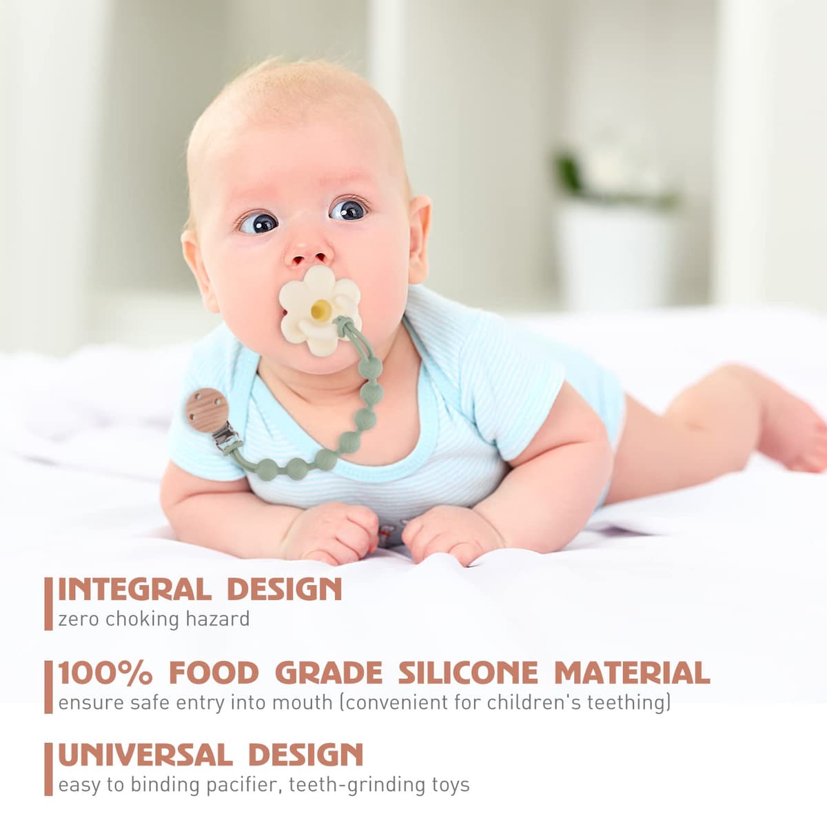 Silicone Dummy Clip for Baby Boys and Girls, One Piece Pacifier Clips, Wooden Soother Clips Design, Fits Most Pacifiers and Teething Toys, 2 Pack (Sage+Ether) — view 2