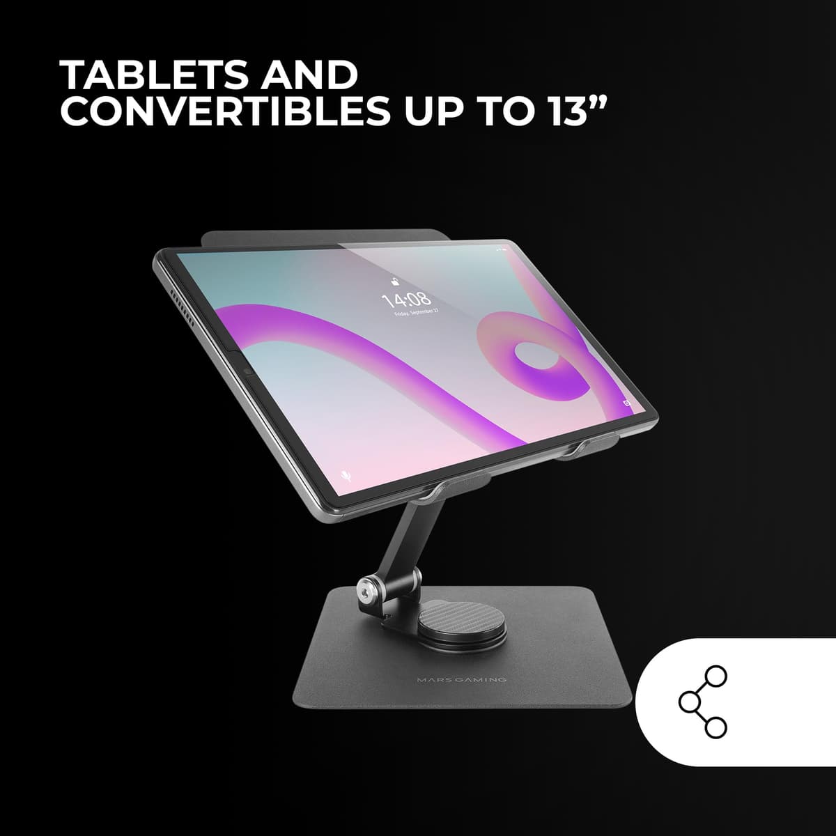 Mars Gaming MA-RST 2-in-1 Convertible Tablet Stand to 13 Inches, 360° Rotatable + Adjustable Height and Angle 180°, Lightweight Steel Folding Tablet Stand, Non-Slip, Black — view 2