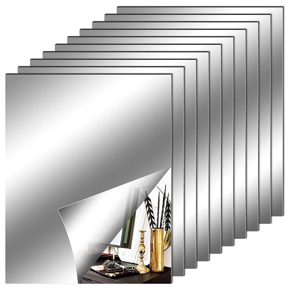 10 Pack Self Adhesive Mirror Tiles, 6 x 6inch(2mm Thick) Flexible Non Glass Stick on Mirror Stickers for Home Wall Decoration — view 11