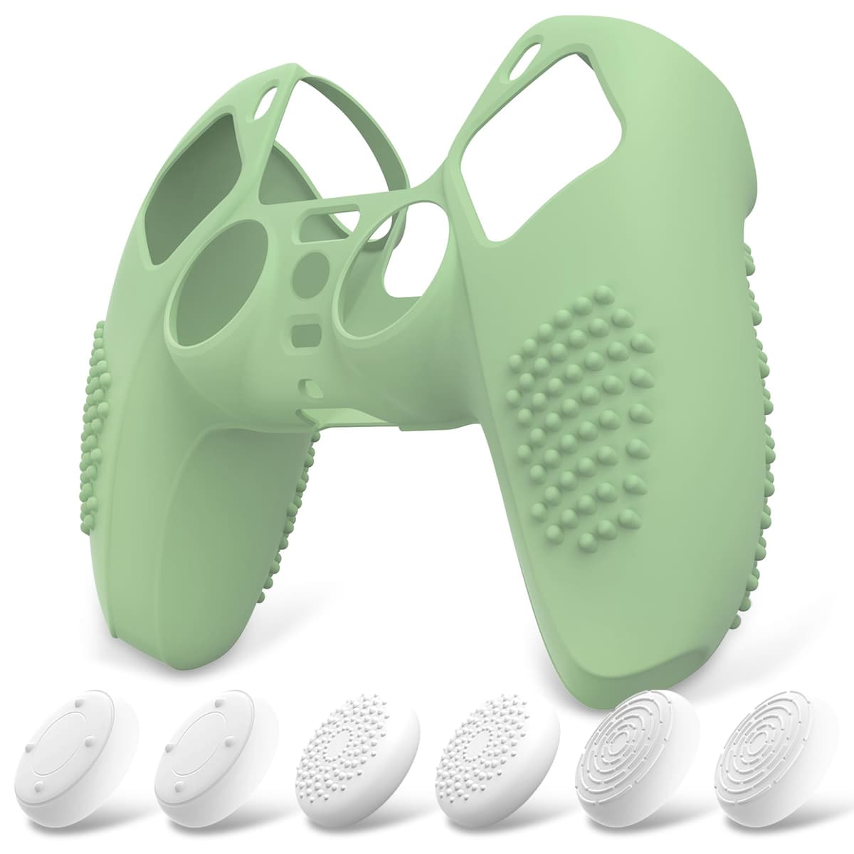 eXtremeRate PlayVital Funda de Silicona para ps5 Mando - Carcasa Protectora con 6 Tapas de Joysticks, Impermeable, Resistente y Antideslizante, Funda de Goma Suave, 3D Tachonado (Matcha Verde)