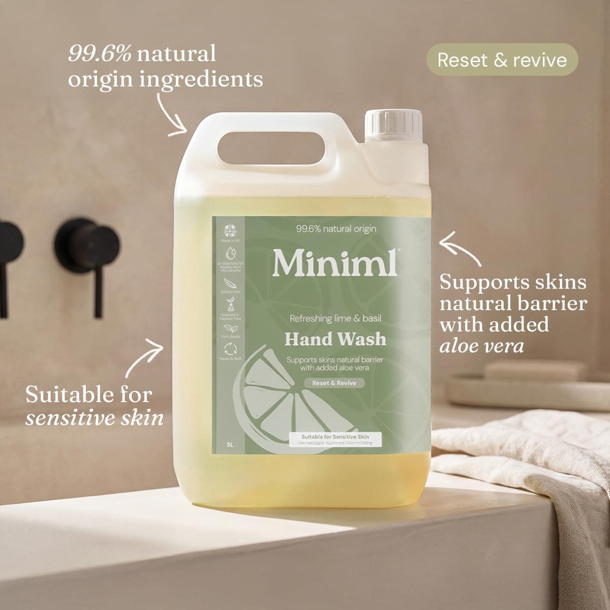 Miniml Hand Soap Wash Liquid 5L Refill - Lime, Basil & Mandarin Infused Hand, Skin & Body Wash Gel for Soft and Sensitive Skin Care - 100% Vegan & Cruelty Free — view 3