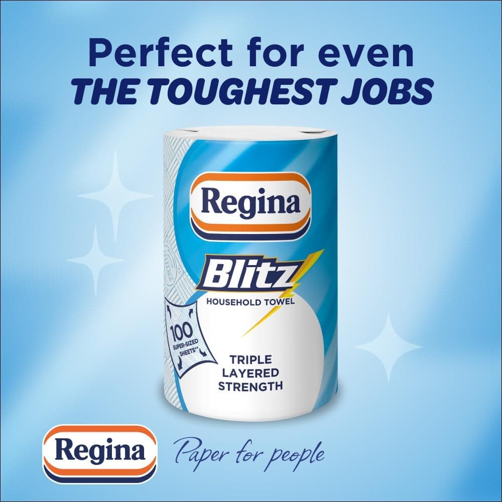 Regina Blitz Household Towels – 12 Triple Layered Rolls, 70 Sheets Per Roll, Recyclable-Paper Packaging, FSC Certified Paper, 60% Larger Than Standard Kitchen Roll Sheets Blitz 12 Rolls — view 3