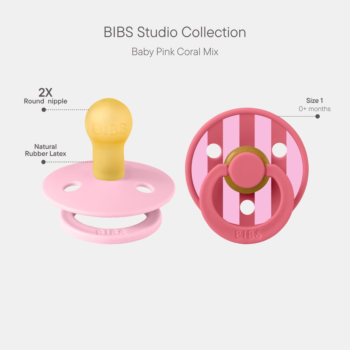 BIBS Pacifiers - Colour Studio 2 Pack | Round Nipple Baby Pacifier | BPA Free Natural Rubber Latex Soother | Made in Denmark | Size 0+ Months | Block Baby Pink Coral — view 2