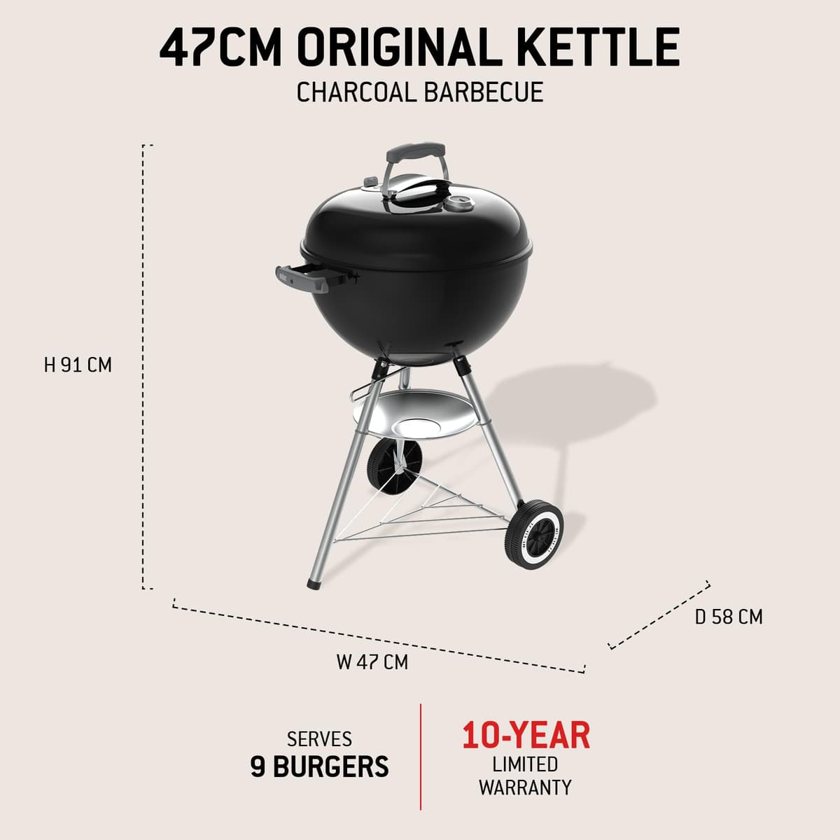 Weber Kettle Parrilla de carbón (versión 2026) / Soporte de Tres Patas con Ruedas, diseño Resistente al Calor y a la corrosión, Parrilla cromada de Tres Capas, Negro — view 4
