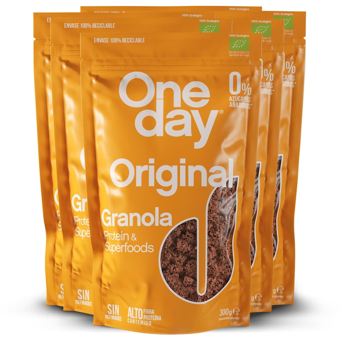 ONE DAY Granola Ecologica, Sin Azucares Añadidos, Alto en Proteína con Superfoods, Altro en Fibra, Pack 6 x 300g (Original, Pack 6 unidades)