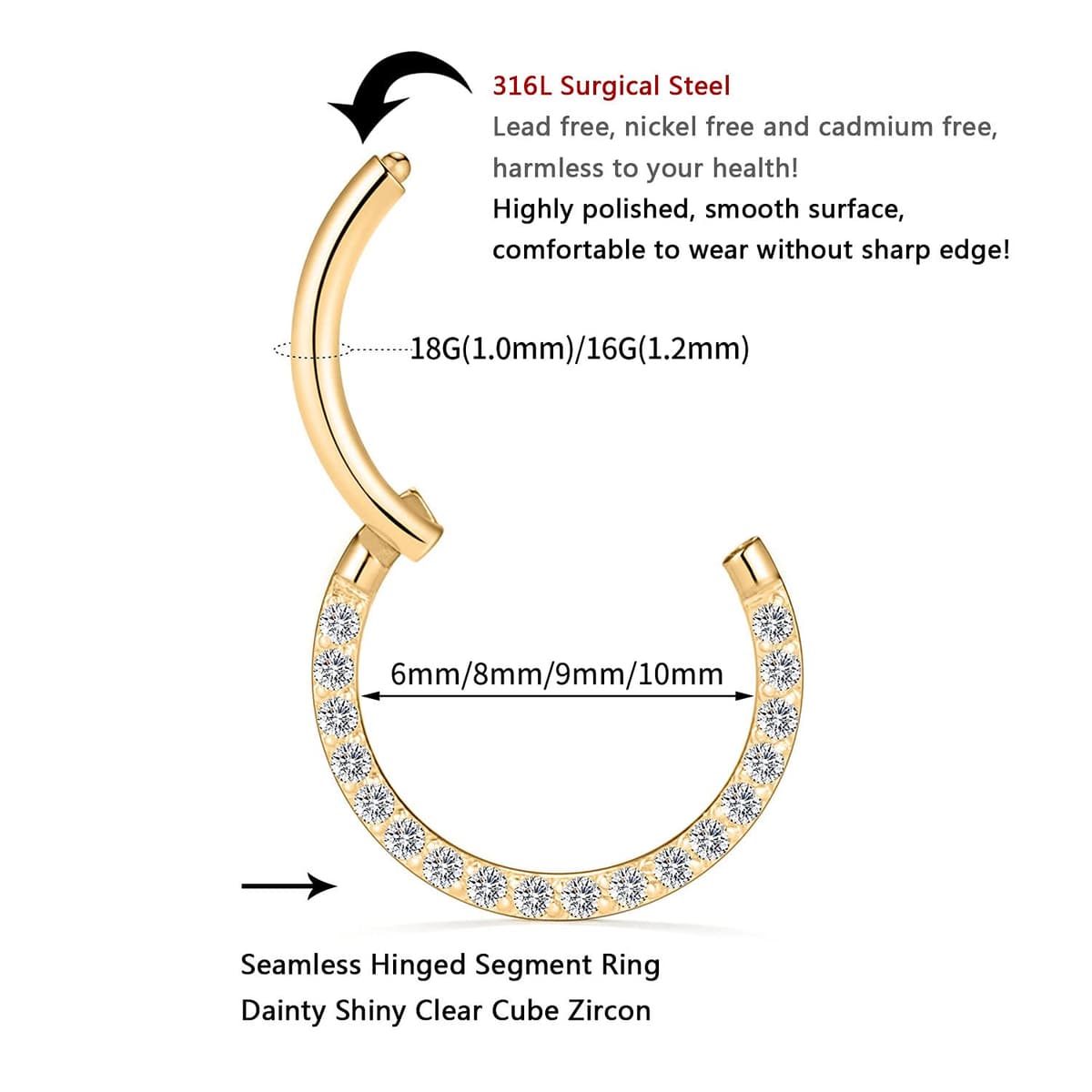 AROWRO 18G 16G 14G Nose Hoop Ring Septum Clicker Earrings CZ Opal Cartilage Conch Helix Tragus Hoop Earrings Daith Piercing Jewelry 316L Surgical Steel — view 6