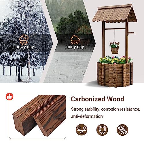 UDPATIO Wishing Wells for Outside, Wooden Wishing Well Planter for Yard, Upgrade Wishing Well with 4 Reinforced Rod & Hanging Bucket for Garden Patio Lawn Backyard Home Decor — view 4