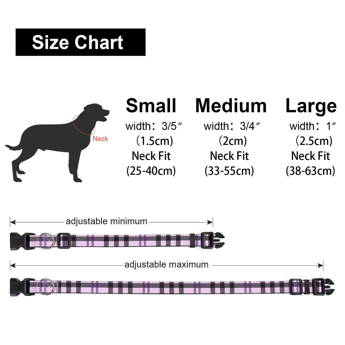 Adjustable Nylon Dog Collar with Patterns, Soft Comfy Pet Collar for Small Medium Large Dogs (S, Purple Plaid) — view 4